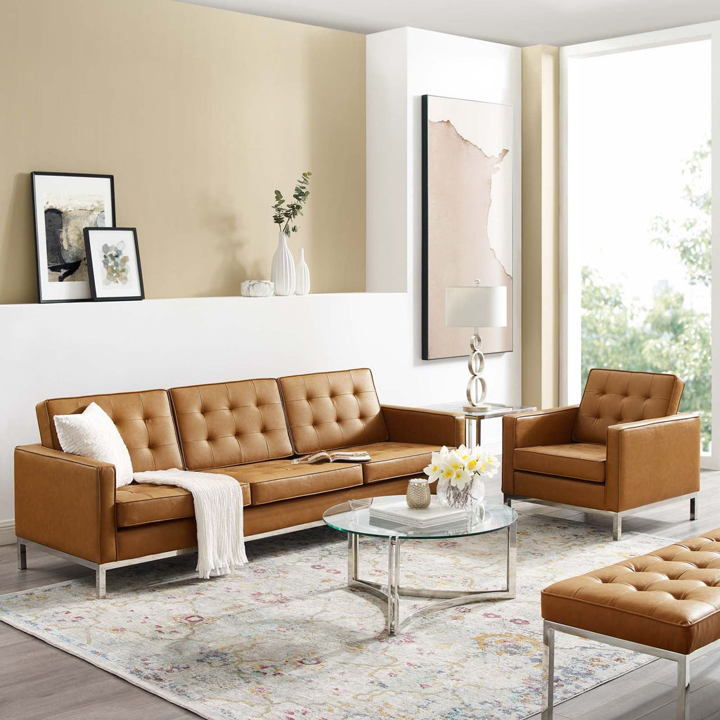 Loft Tufted Upholstered Faux Leather Sofa and Armchair Set