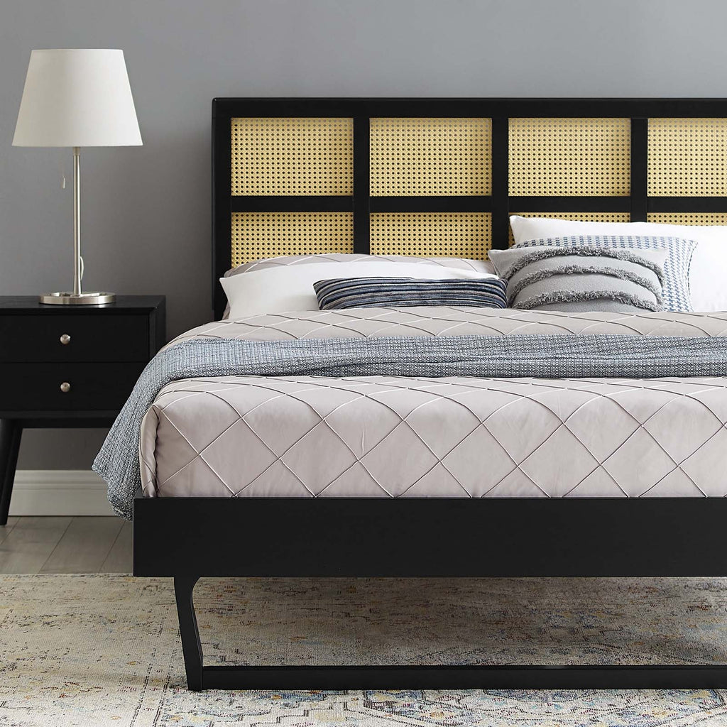 Sidney Cane and Wood Platform Bed With Angular Legs
