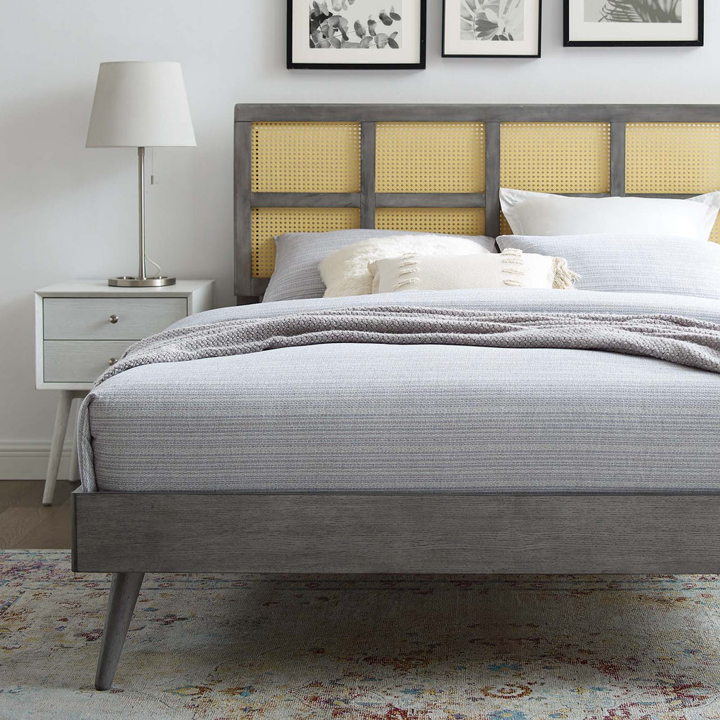 Sidney Cane and Wood Platform Bed With Splayed Legs