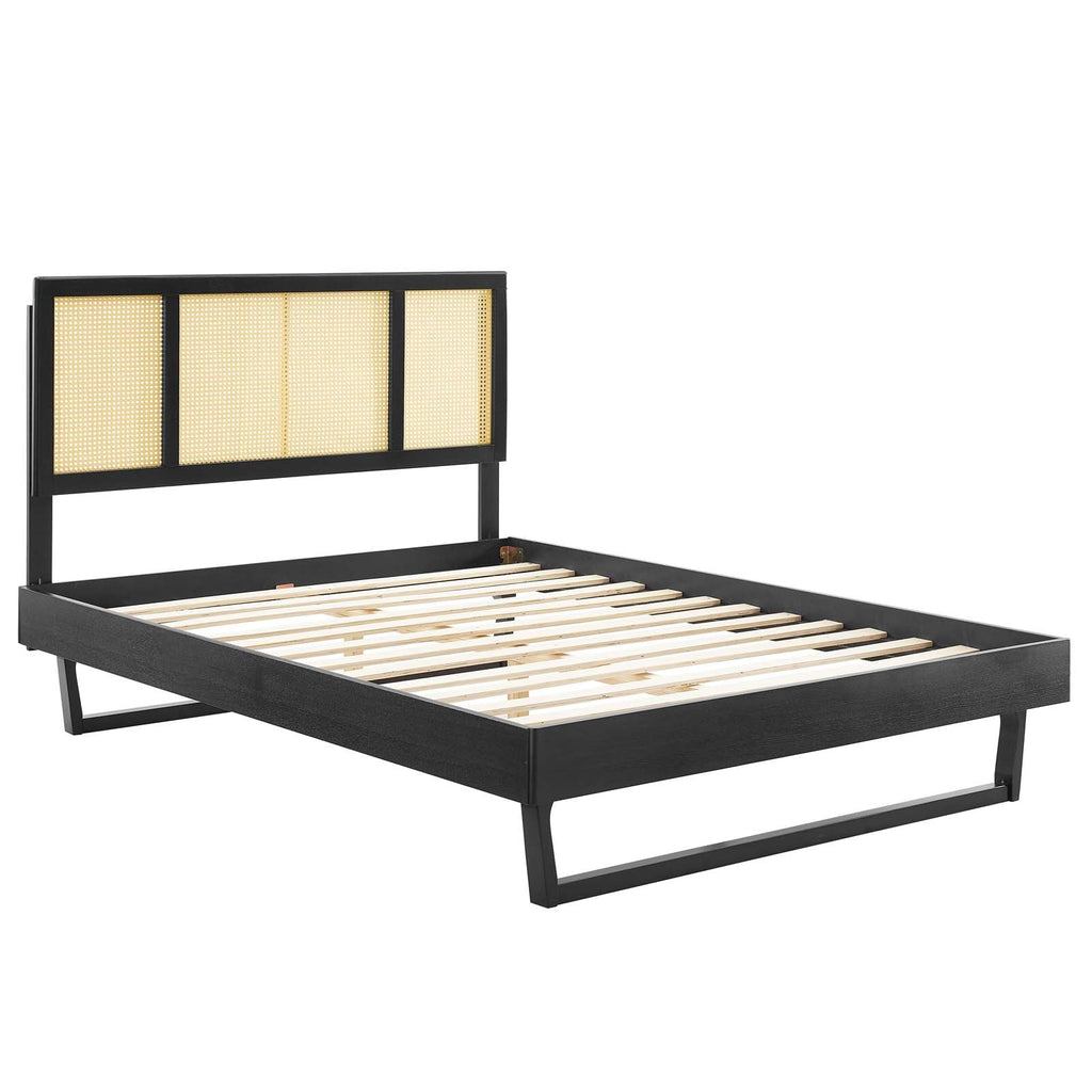 Kelsea Cane and Wood Platform Bed With Angular Legs